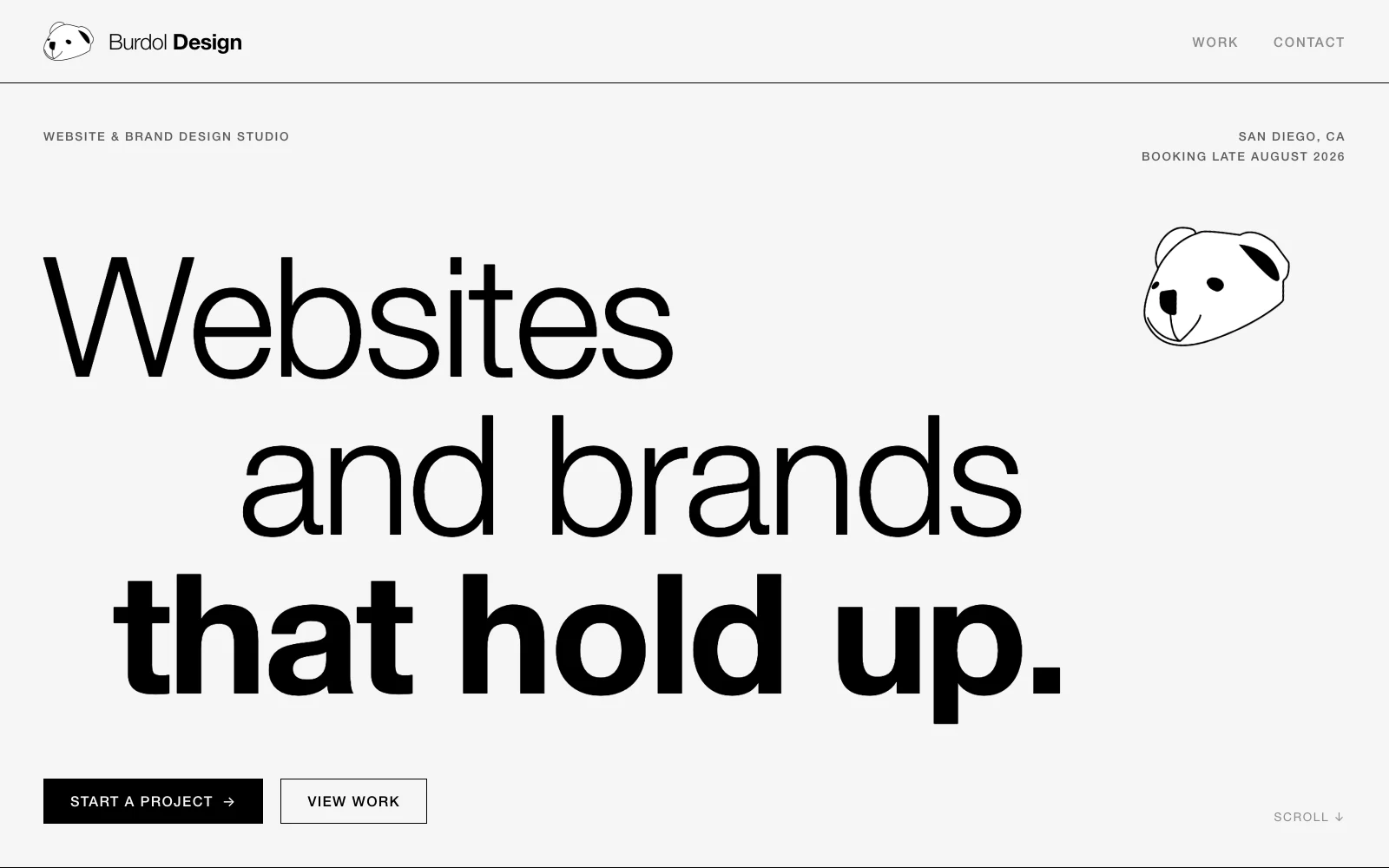 The Burdol Design home page: Websites and brands that hold up, in black on paper, with the line drawn bear mark.