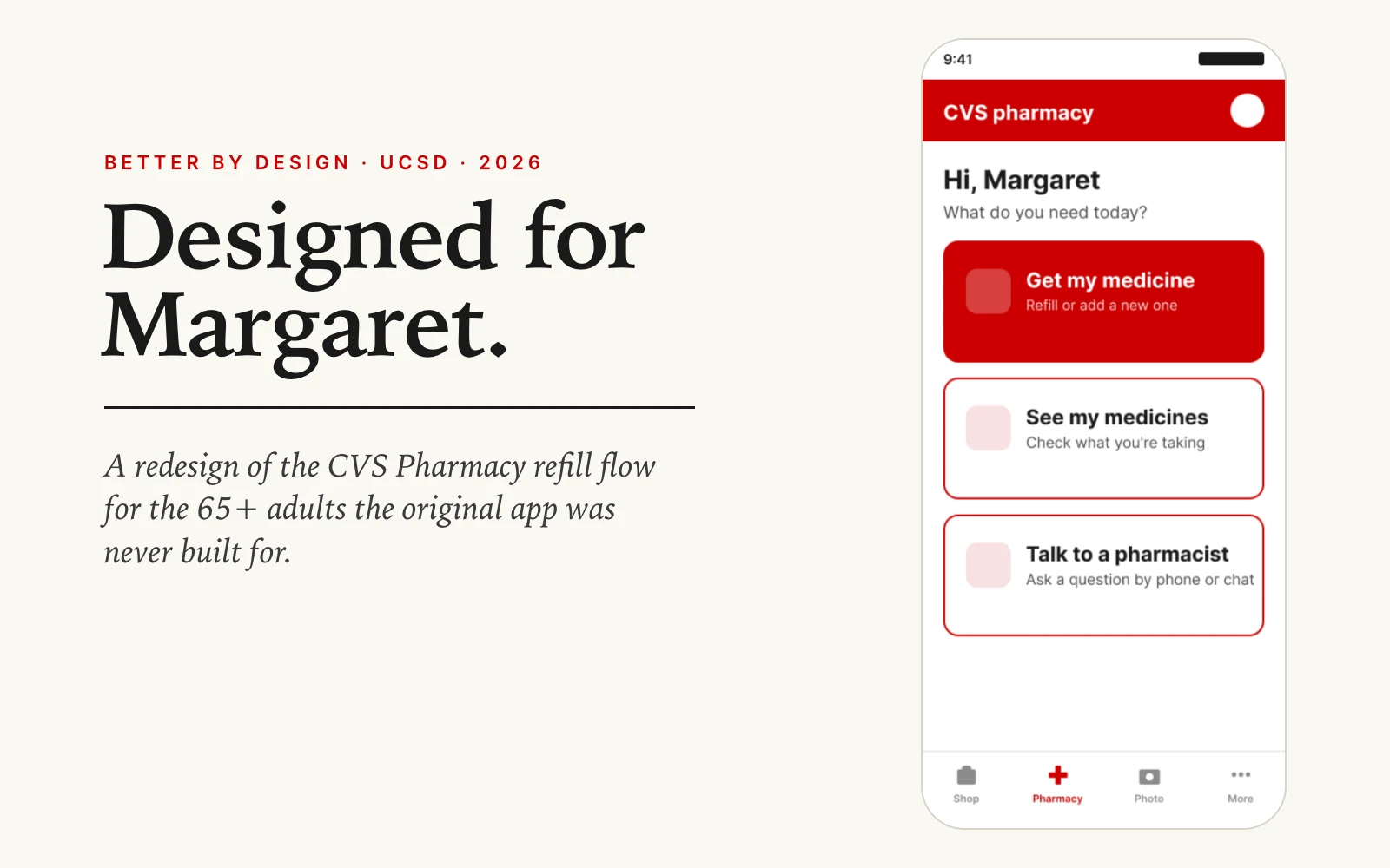 Designed for Margaret in a serif headline beside a phone showing the redesigned CVS Pharmacy home screen, Hi, Margaret.