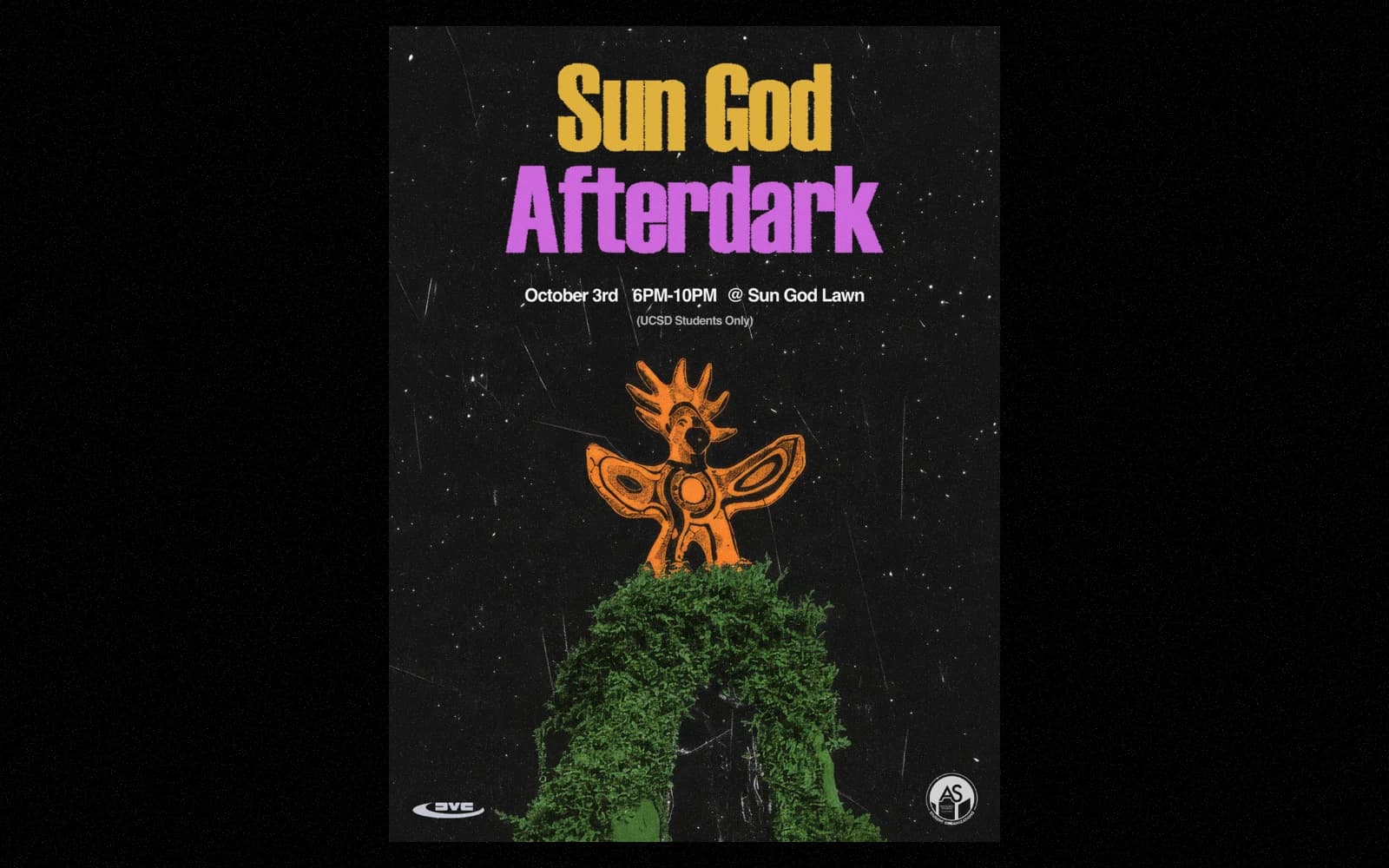 The Sun God Afterdark event poster, a gold and purple title over an orange sculpture and greenery, on black.