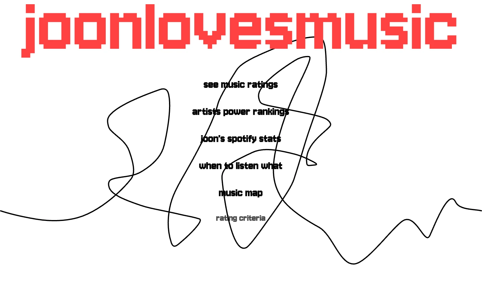 The joonlovesmusic home page: the red pixel wordmark over a black scribble line and a menu of links.
