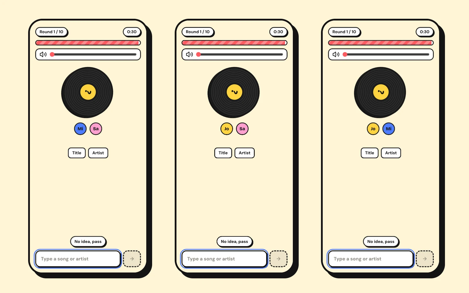 Three friends' phones on the same round of the game, each showing a spinning record and a guess box.