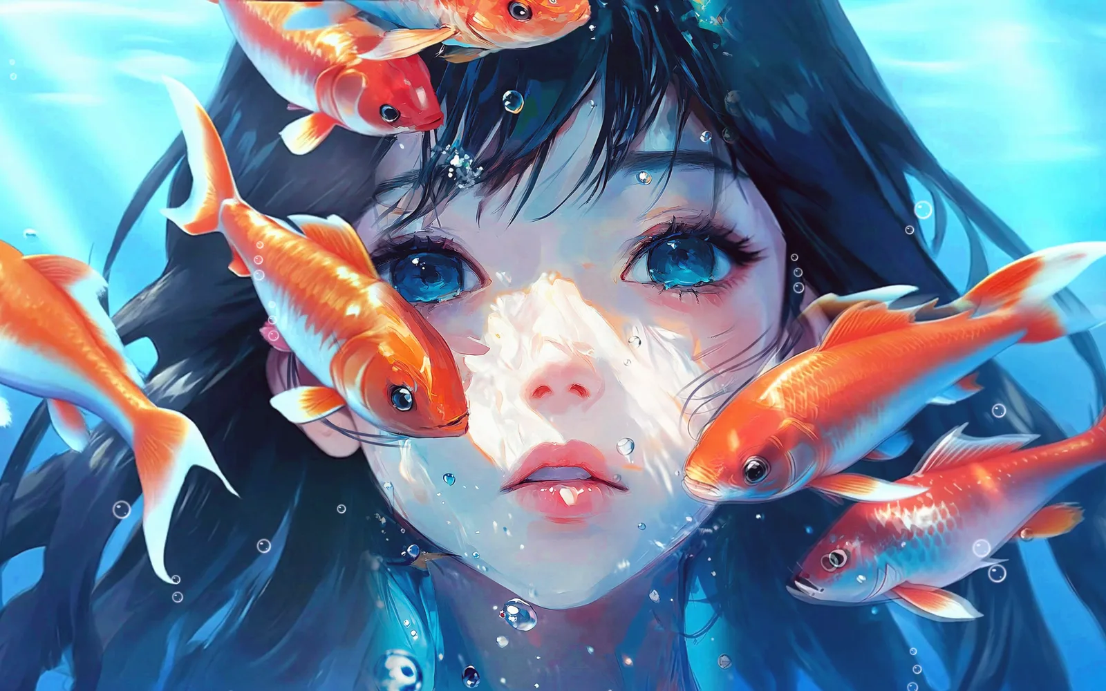 The Tears of the Sea cover art: a girl underwater with wide blue eyes, orange koi swimming through her dark hair, bubbles rising.