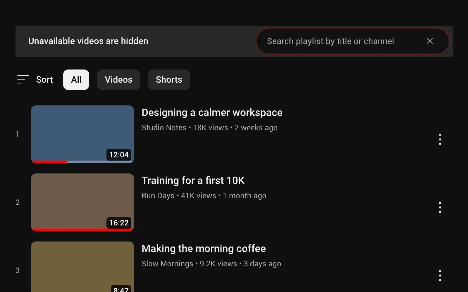 A dark YouTube playlist with the extension's search field, reading Search playlist by title or channel, above the videos.