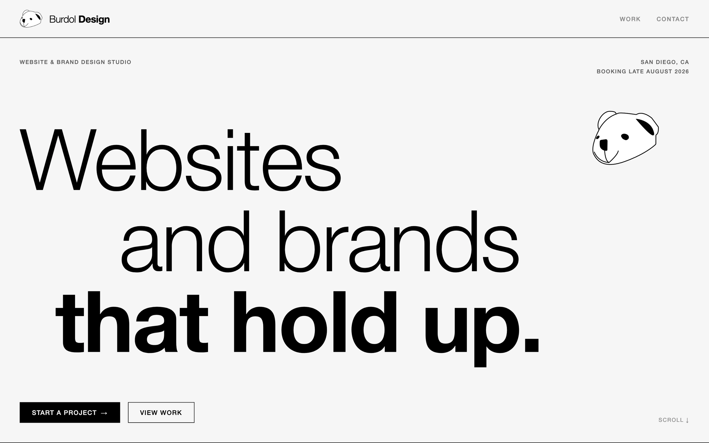 The Burdol Design home page: the headline Websites and brands that hold up. set huge in black on light gray, with a line drawn bear mark.