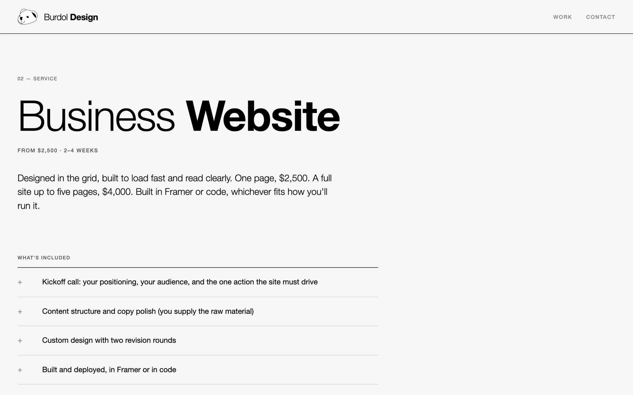 The Business Website service page with its price range, timeline and a ruled list of what is included.