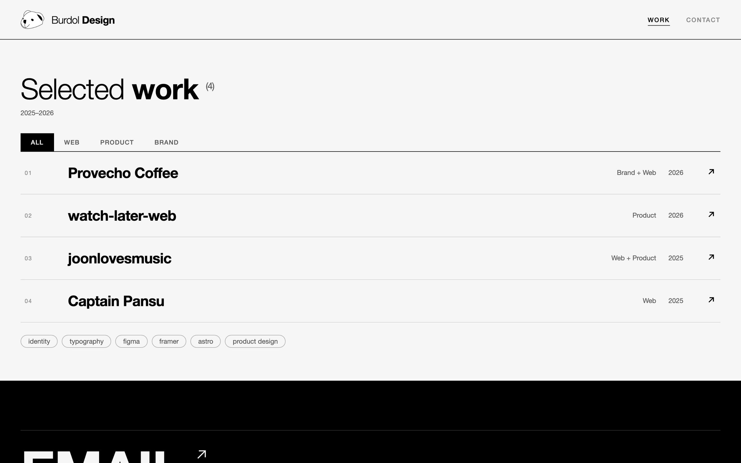 The Selected work index: ruled rows for Provecho Coffee, watch-later-web, joonlovesmusic and Captain Pansu with filter tags.