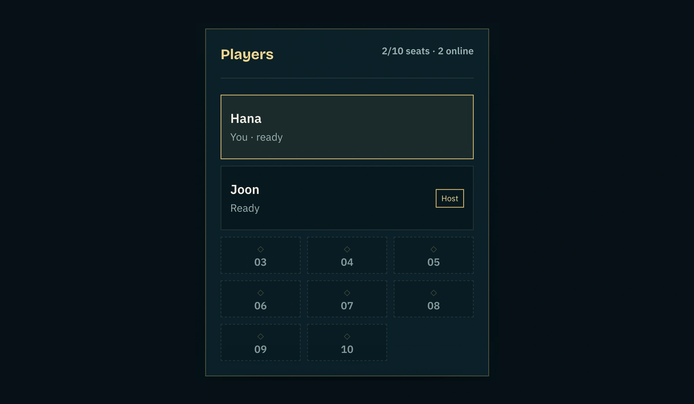 A phone lobby with two joined players and eight numbered open seats, three across.