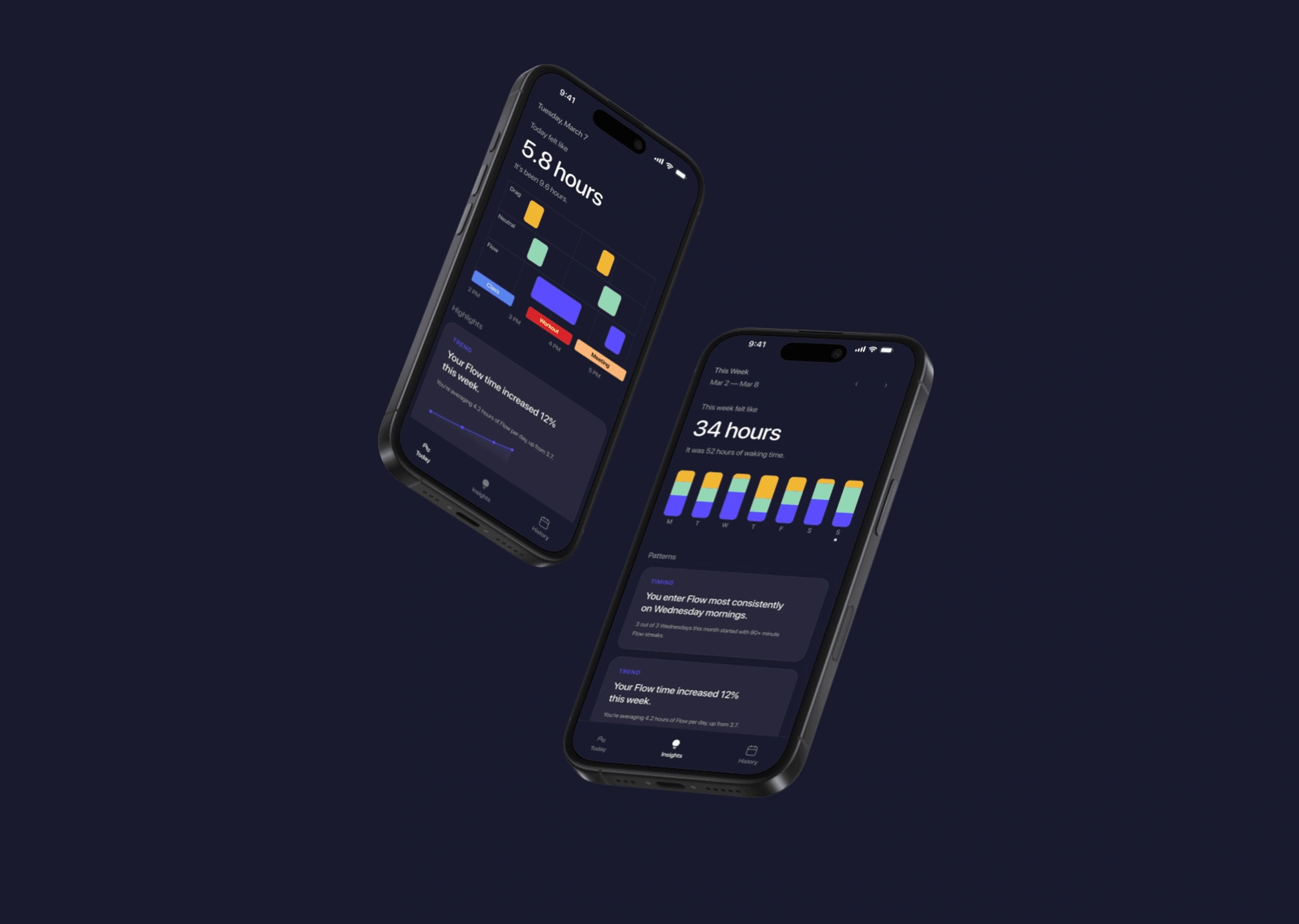 Two floating iPhones showing Drift: a day that felt like 5.8 hours and a week of color coded time states.