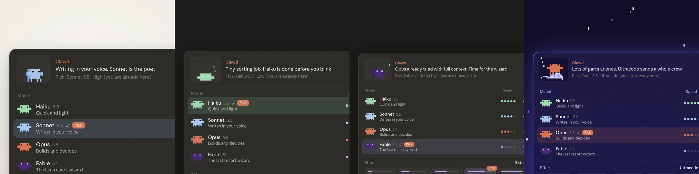 Four frames of Clawd from the video: blue Sonnet crab walking at High, green Haiku napping at Low, dark purple Fable running at Extra high, and orange Opus riding a cloud through purple stars at Ultracode.