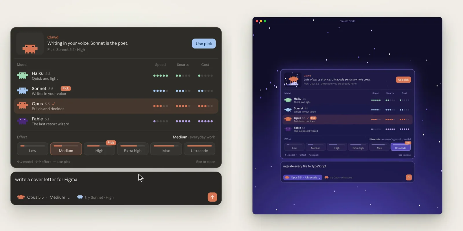 Two frames from the concept video. Left, the picker floating on ivory with Pick tags on Sonnet and High. Right, the whole Claude Code window turned into a purple pixel starfield after Ultracode.
