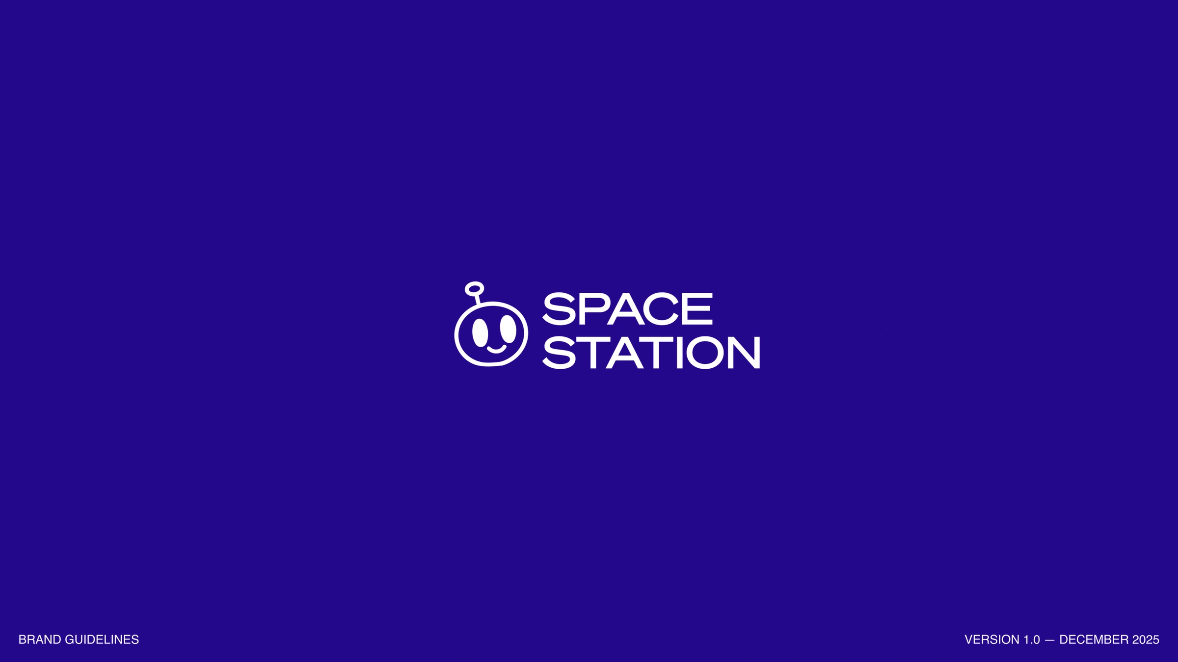 The Space Station brand guidelines cover: a white wordmark with a round astronaut symbol on deep violet.