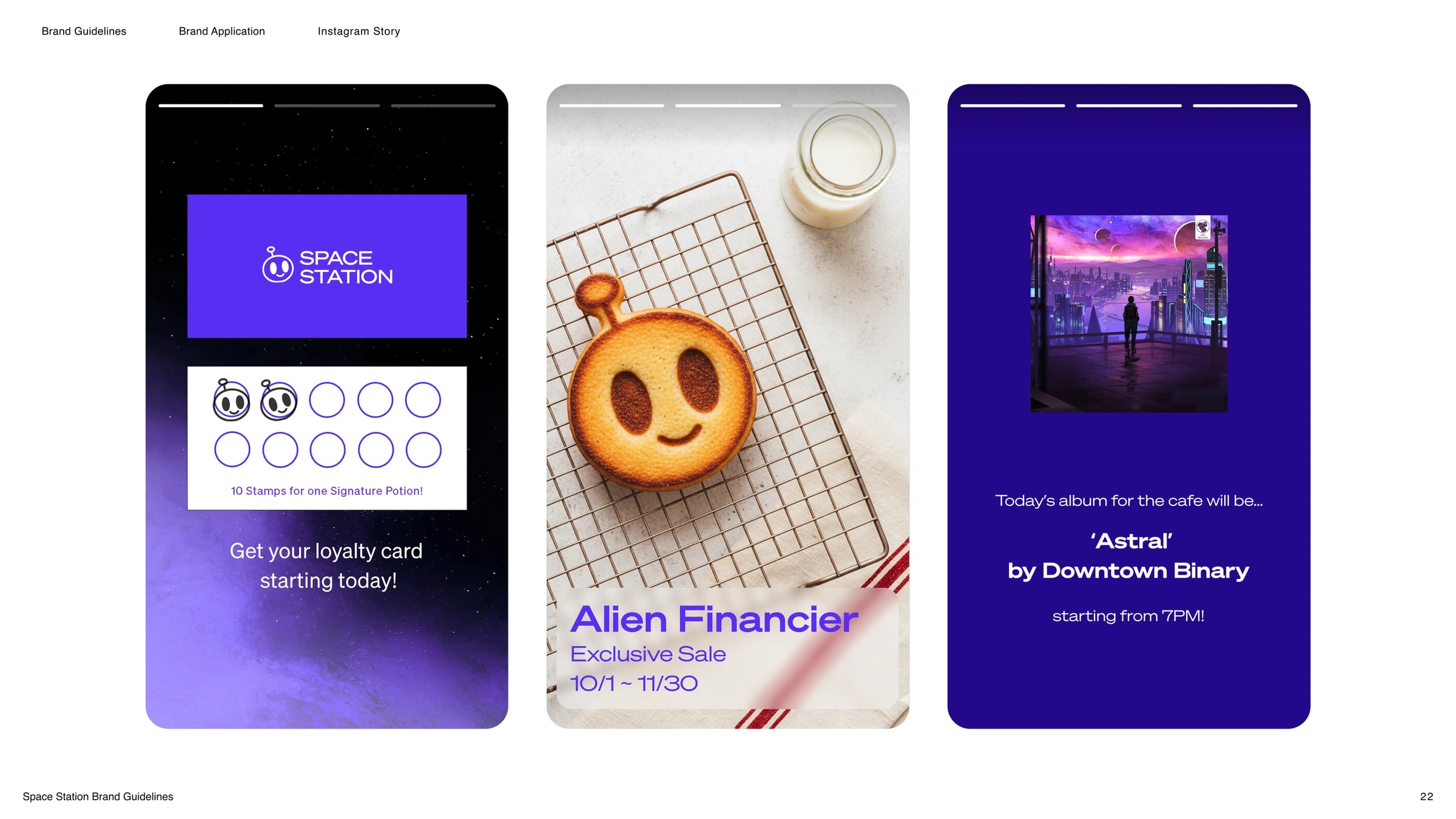Three social posts: a digital loyalty card, an Alien Financier pastry promotion, and a Today's Album post.