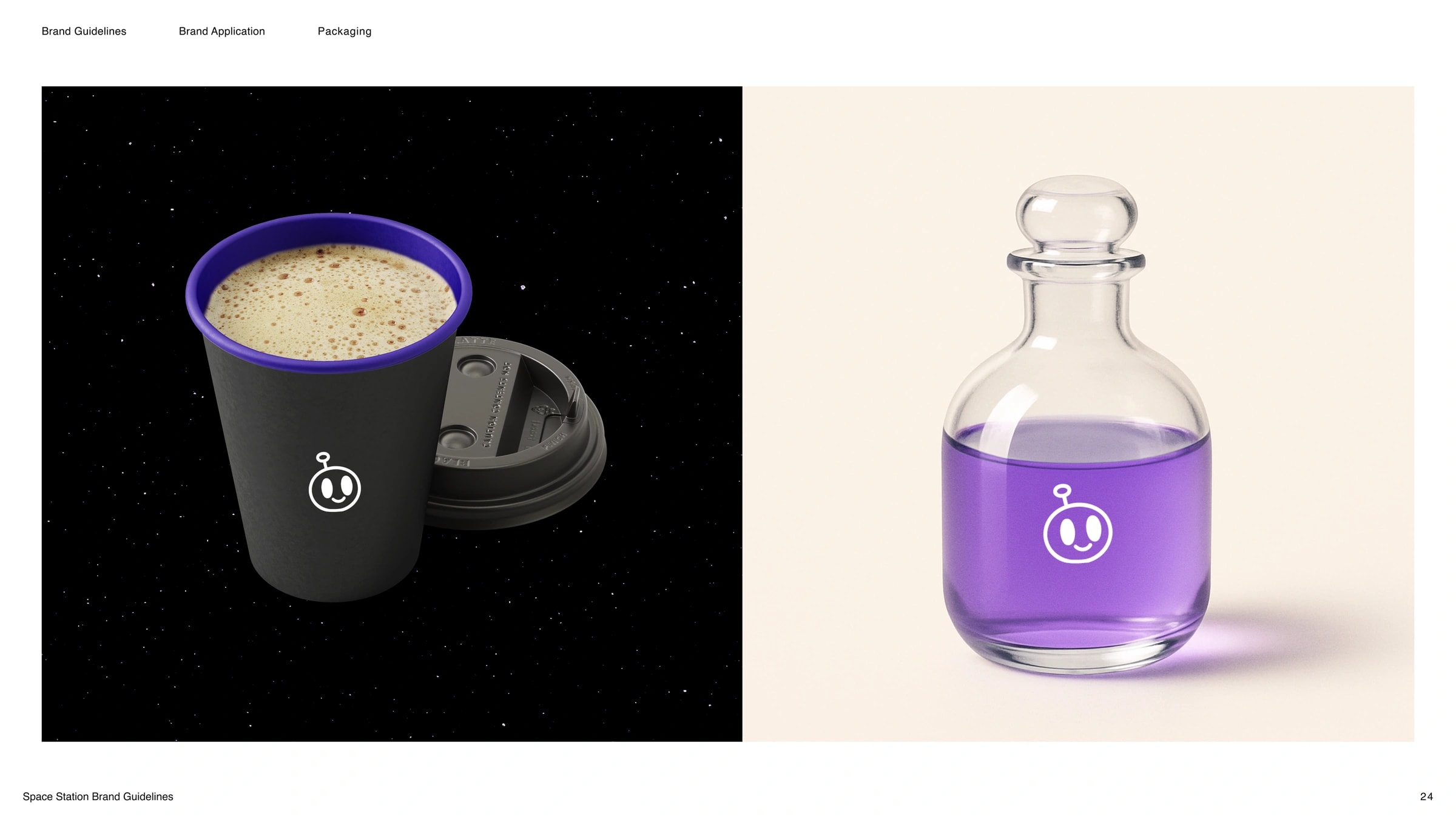 A black coffee cup and a glass potion bottle of violet drink, both carrying the Space Station symbol.