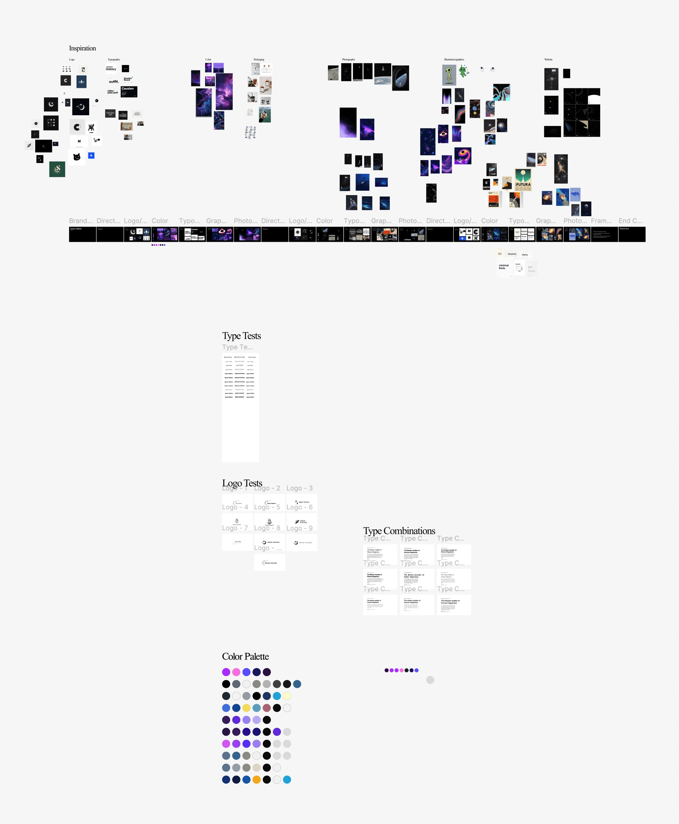 The exploration board: clusters of space imagery, logo tests, type tests, type combinations and a color palette grid.