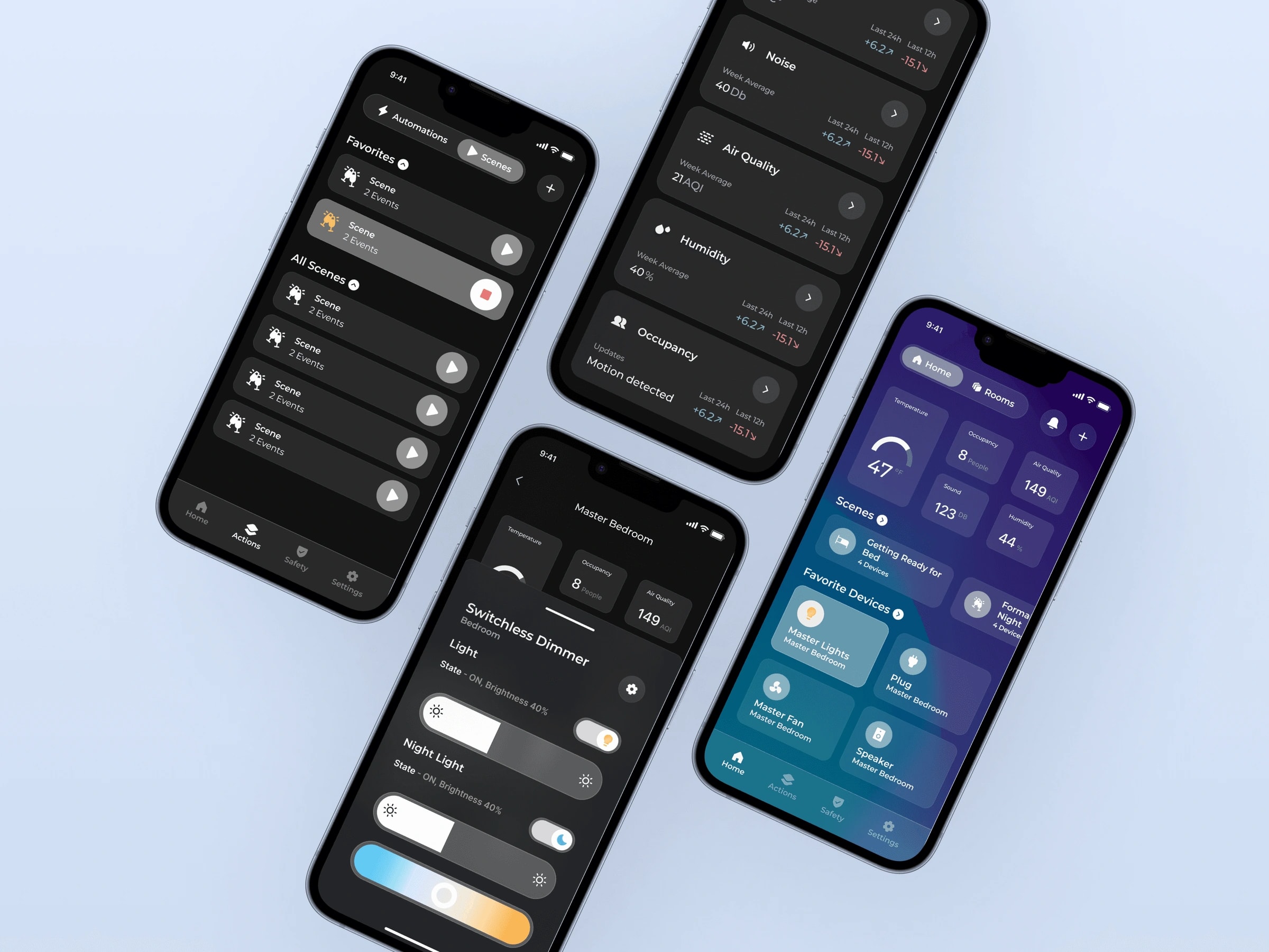 Four Switchless phone screens show scenes, air-quality sensors, dimmer controls, and the home dashboard.