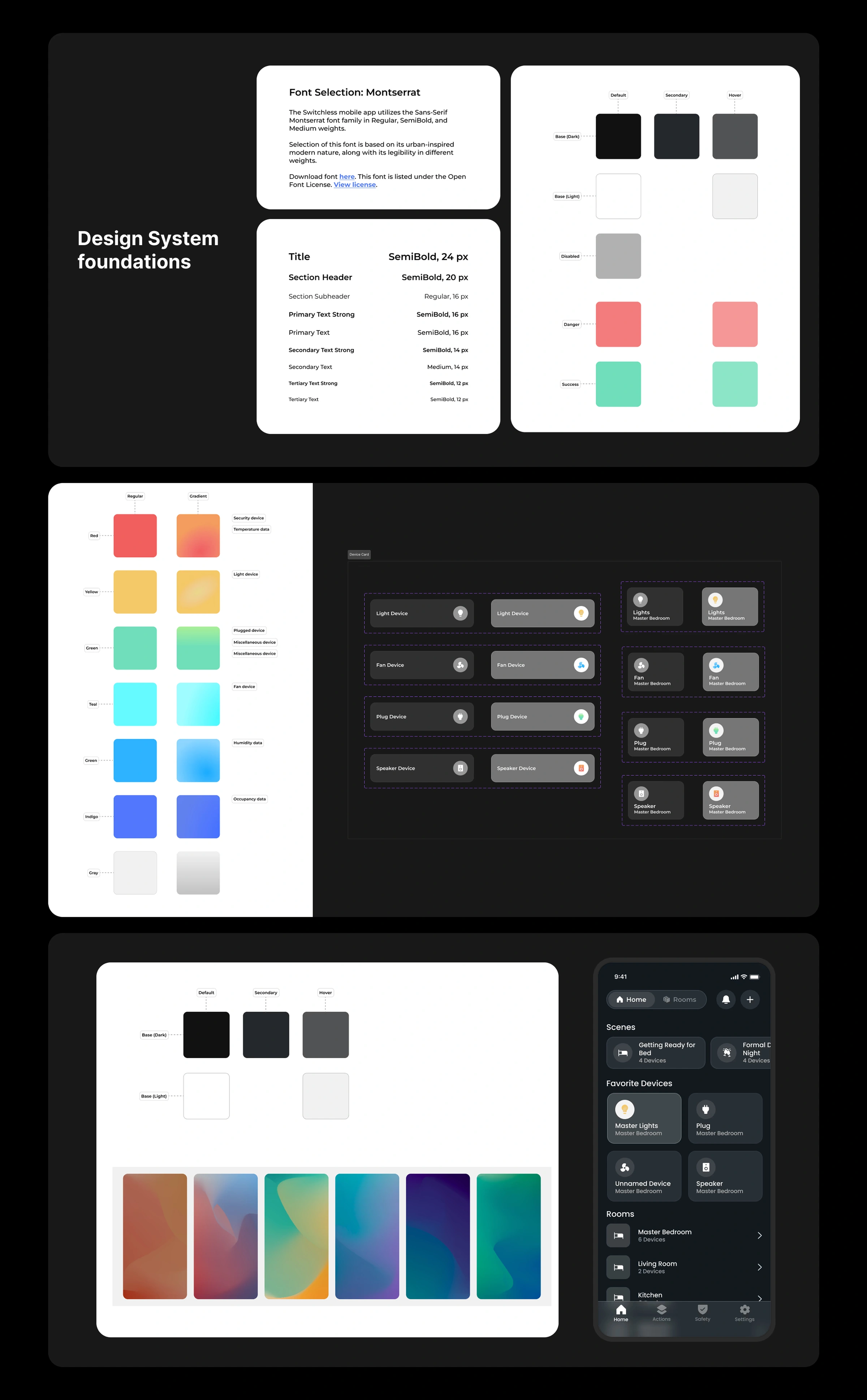 Switchless design system foundations: the Montserrat type scale, base and state colors, a color per device type, device button components, and the home screen built from them.