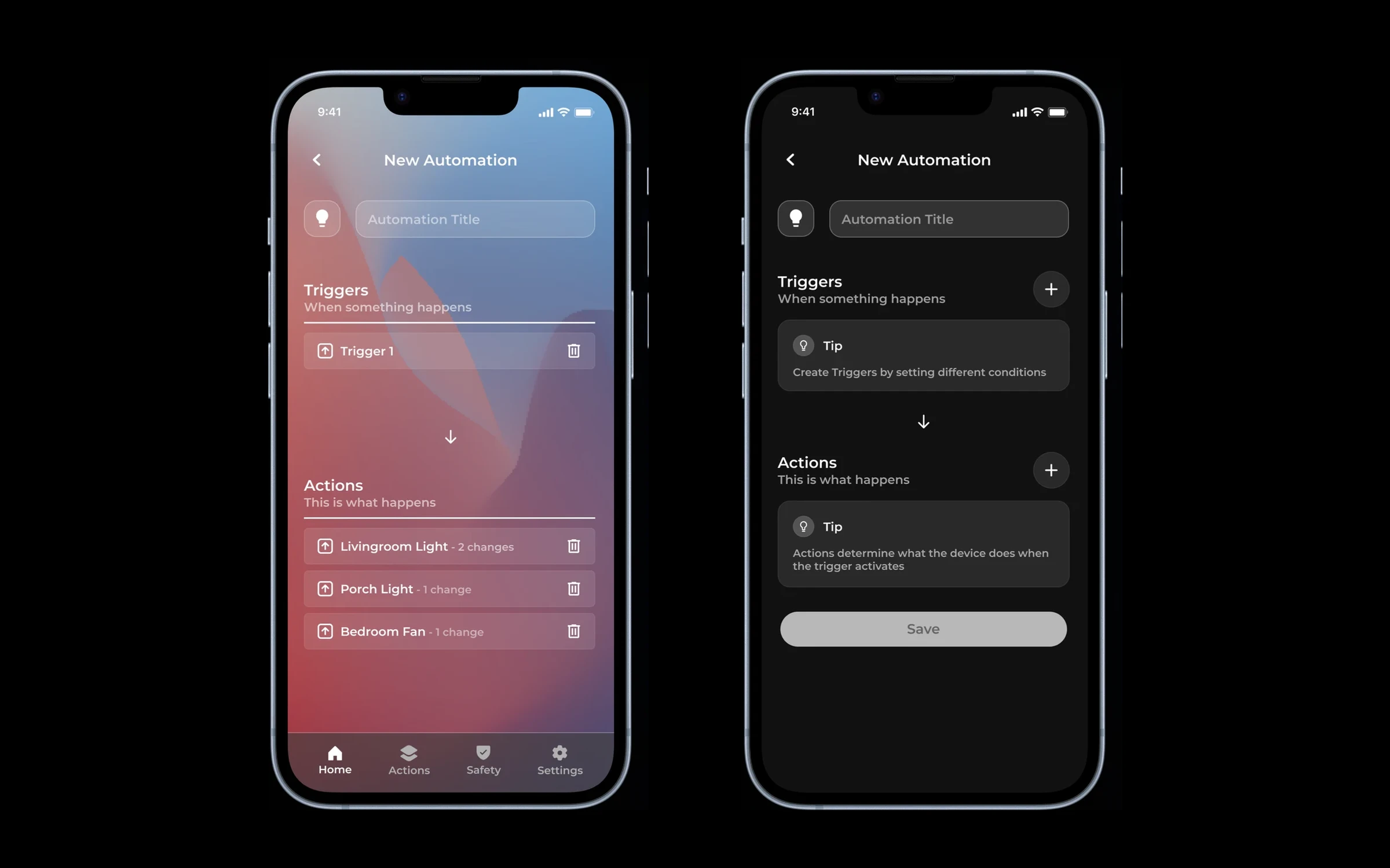 Two New Automation screens: one with a finished rule, Trigger 1 above three actions for the living room light, porch light and bedroom fan; one empty, with a tip under Triggers and under Actions.