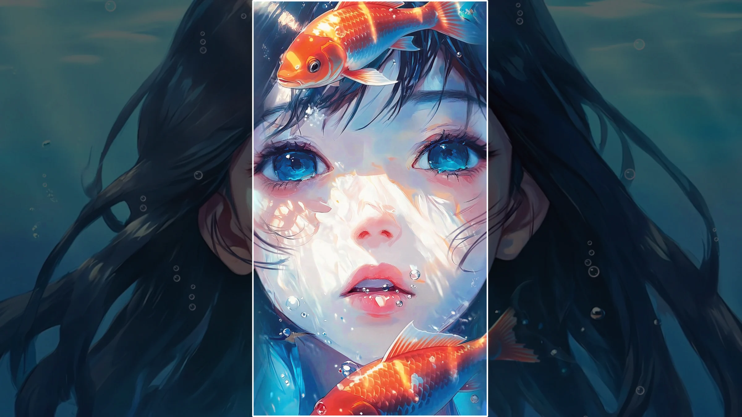 The wide frame with everything dimmed except a tall rectangle around her face, the part a phone shows.