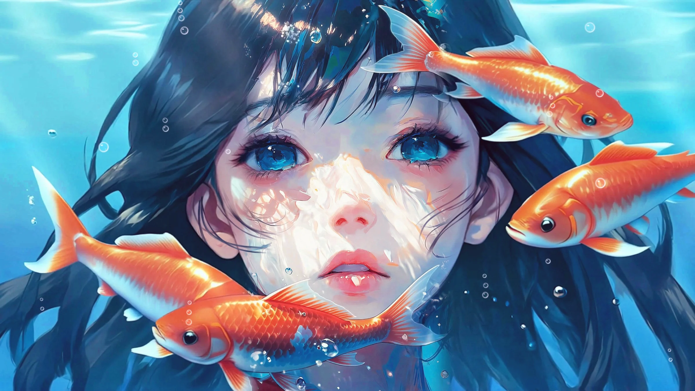 A frame from the loop: a girl underwater with wide blue eyes, orange koi swimming through her dark hair, light rippling across her face.