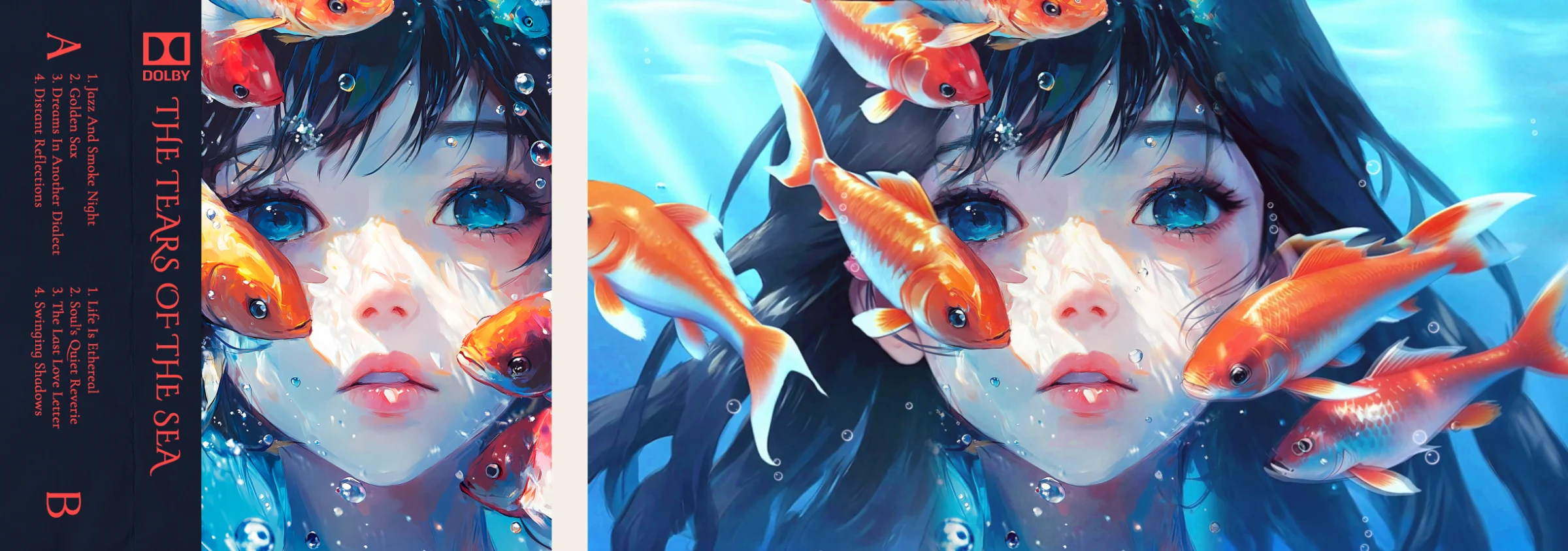Left, the original square album cover with the tracklist printed beside the portrait. Right, the same portrait widened to 16 by 9 with more water, hair and koi painted on both sides.
