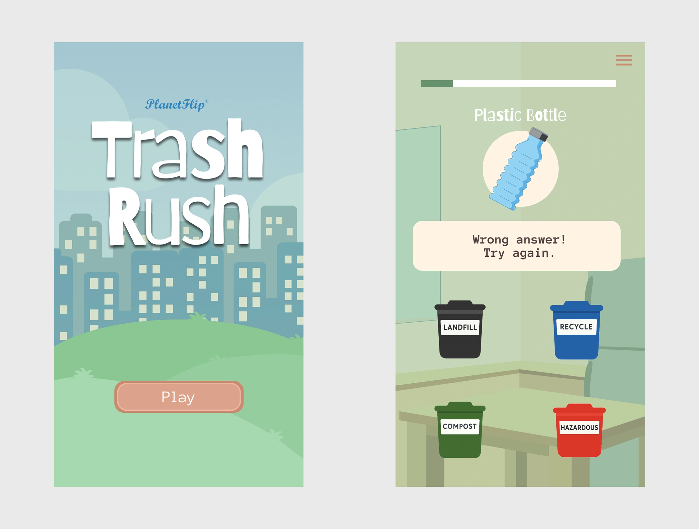 Two Trash Rush phone screens: the title screen over a pastel city, and a kitchen round asking where a plastic bottle goes, with four colored bins.