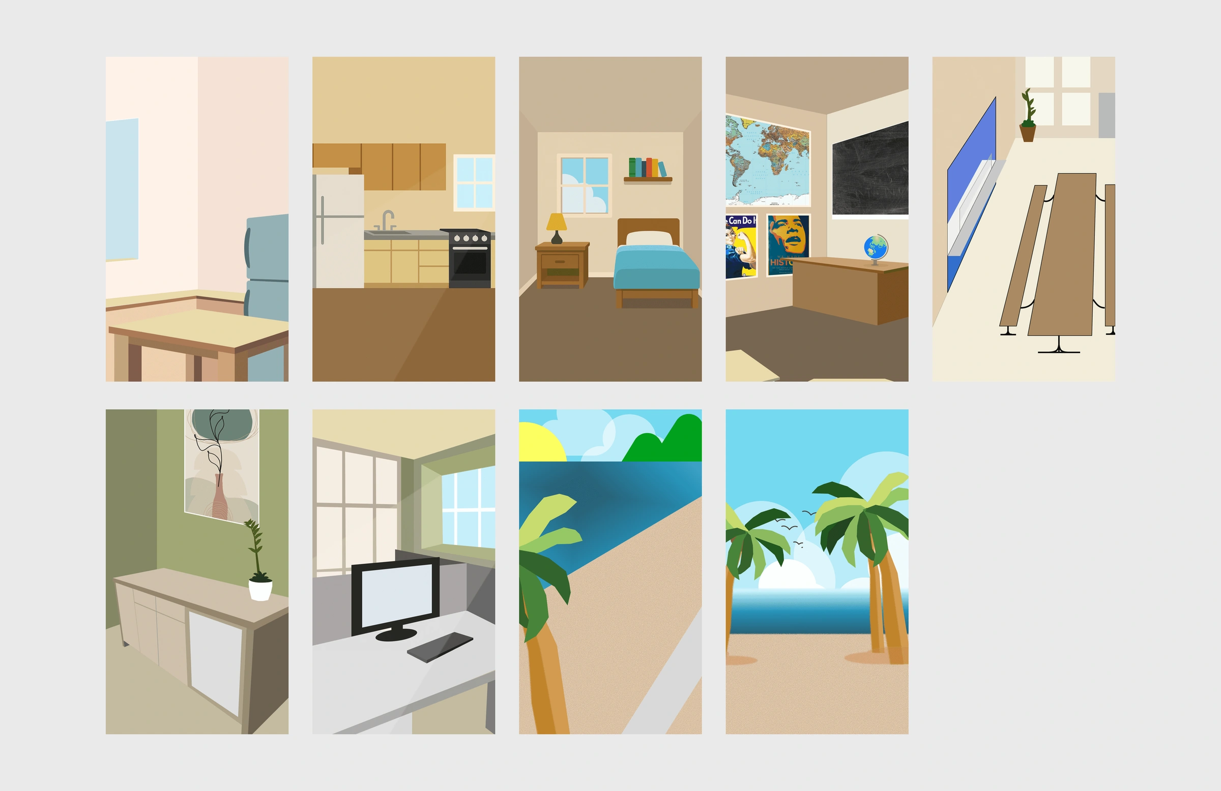A grid of the game's pastel room and beach backgrounds, including the kitchen and bedroom.