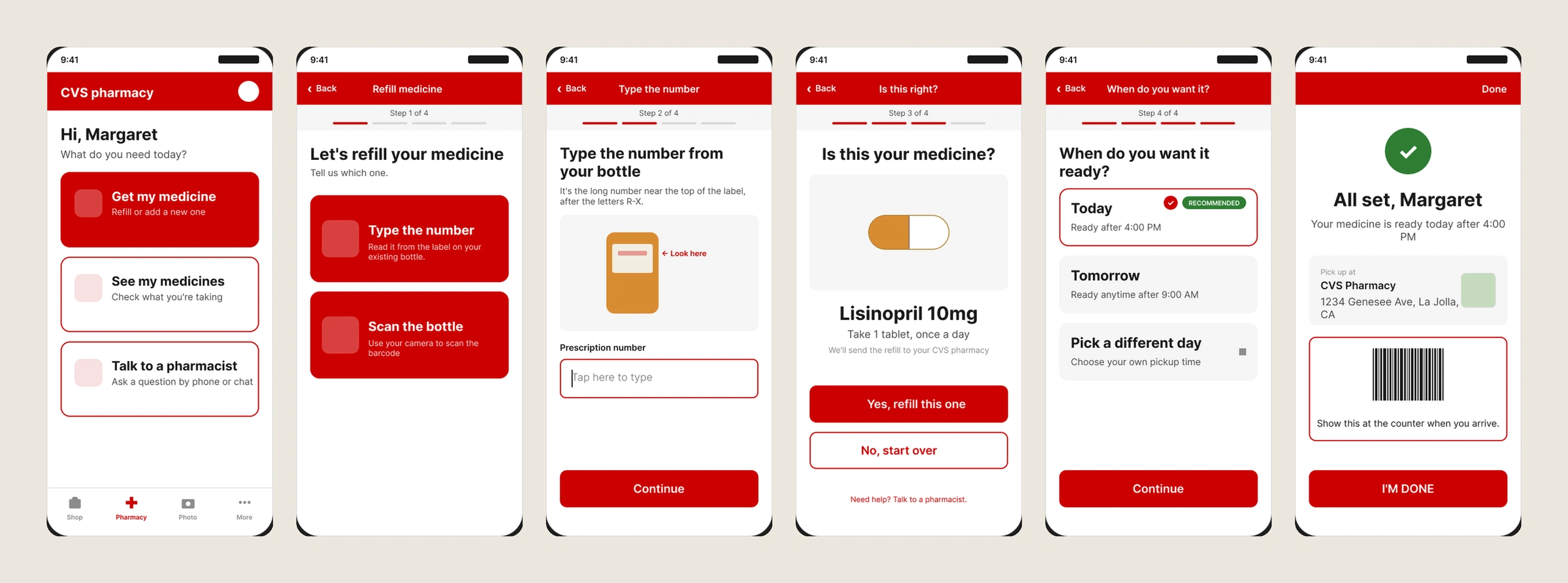 Six redesigned CVS Pharmacy screens in a row, from a Get my medicine home screen to an All set, Margaret confirmation with a pickup barcode.