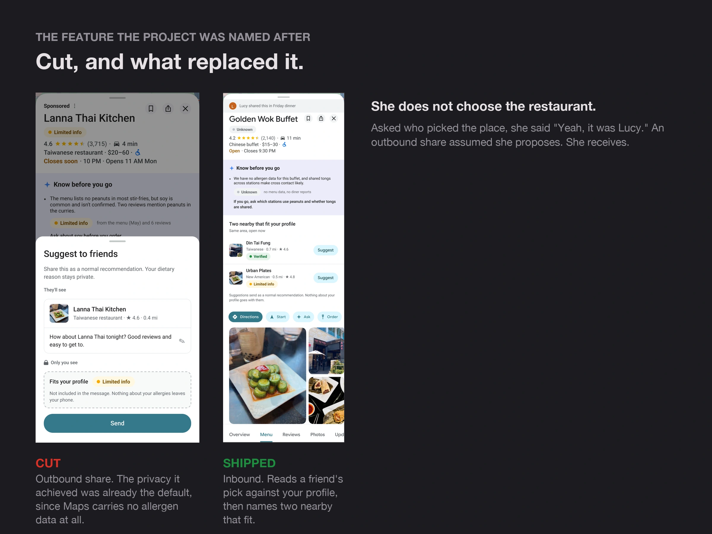 The cut outbound share beside an inbound restaurant recommendation with two nearby alternatives.