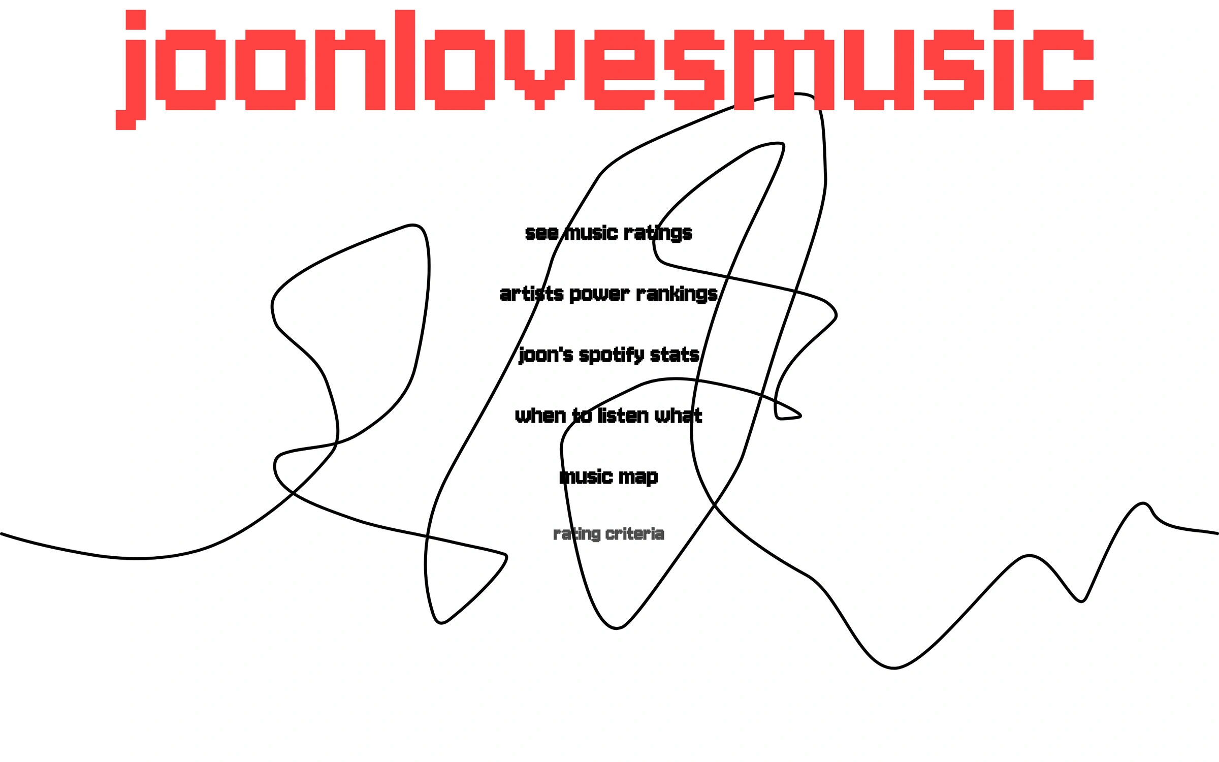 The joonlovesmusic home page: a red pixel wordmark over a tangle of black line drawings, with the site's sections listed underneath.