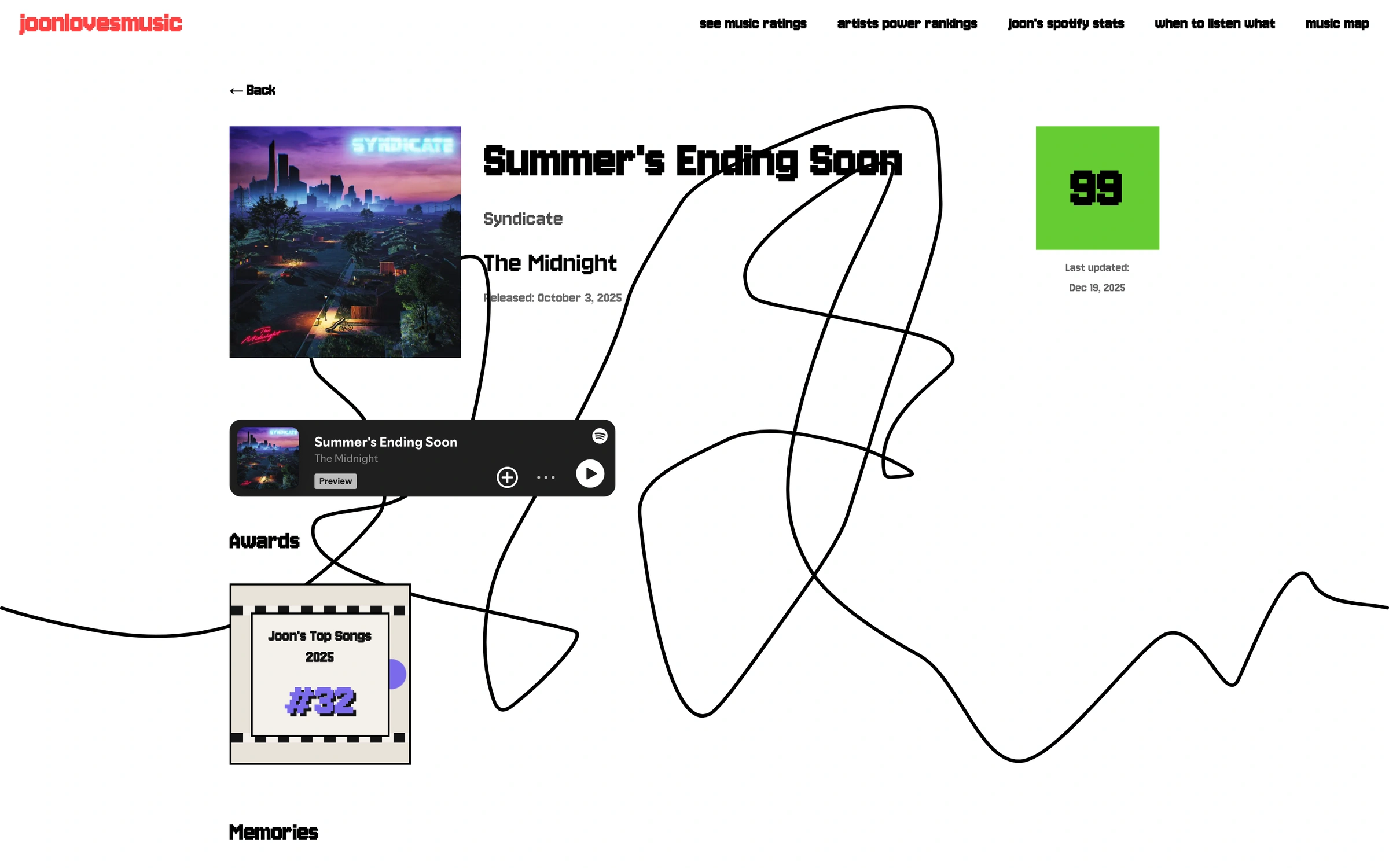 A song page for Summer's Ending Soon: cover art, a green 99 score block, a compact Spotify player and an Awards section below.