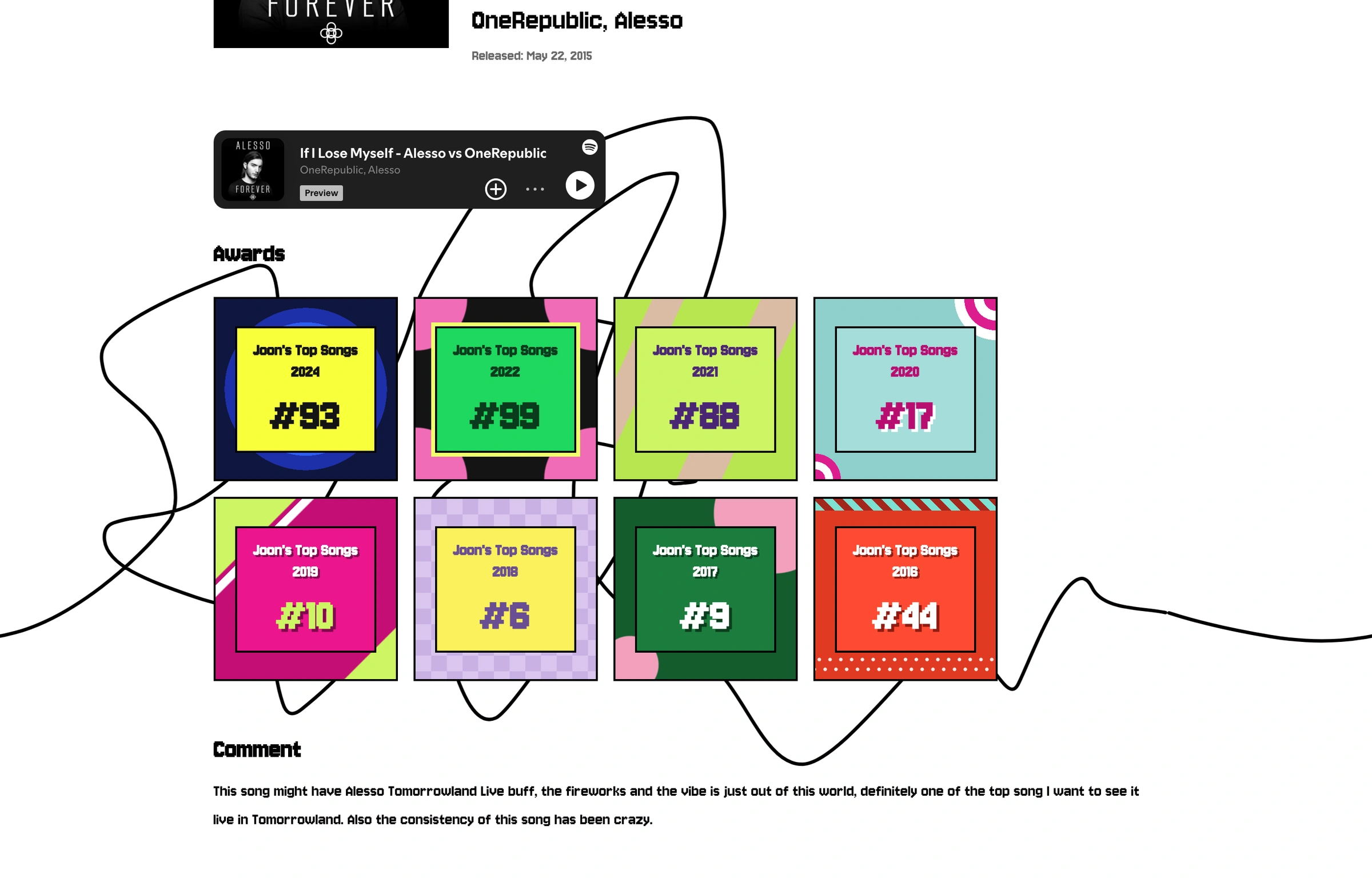 A wall of square badges on the song page If I Lose Myself, one per Wrapped year, each styled after that year's cover with the rank on a plate.