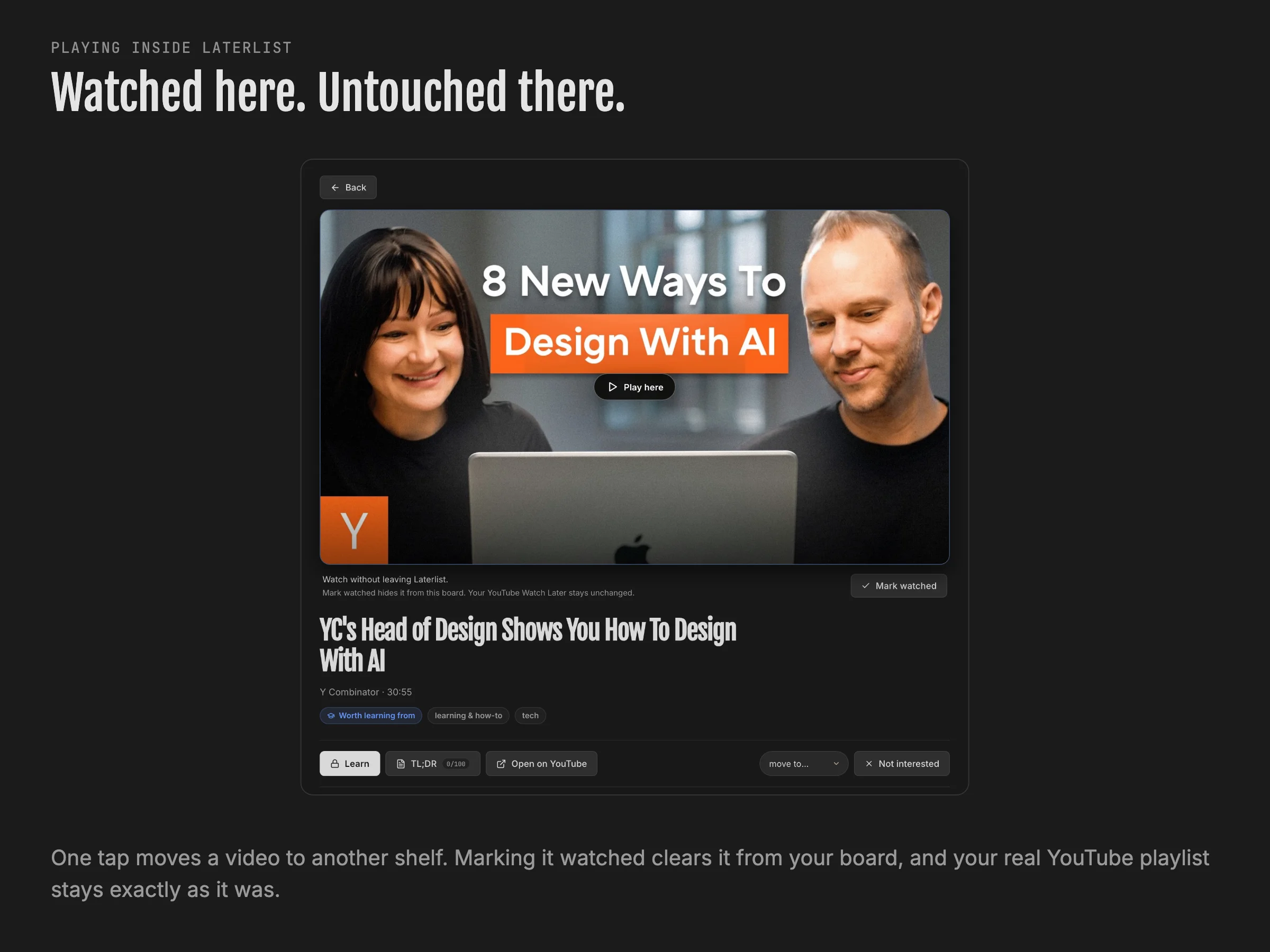 Laterlist's video detail: shelf and topic badges, and actions to move, summarize or set aside.