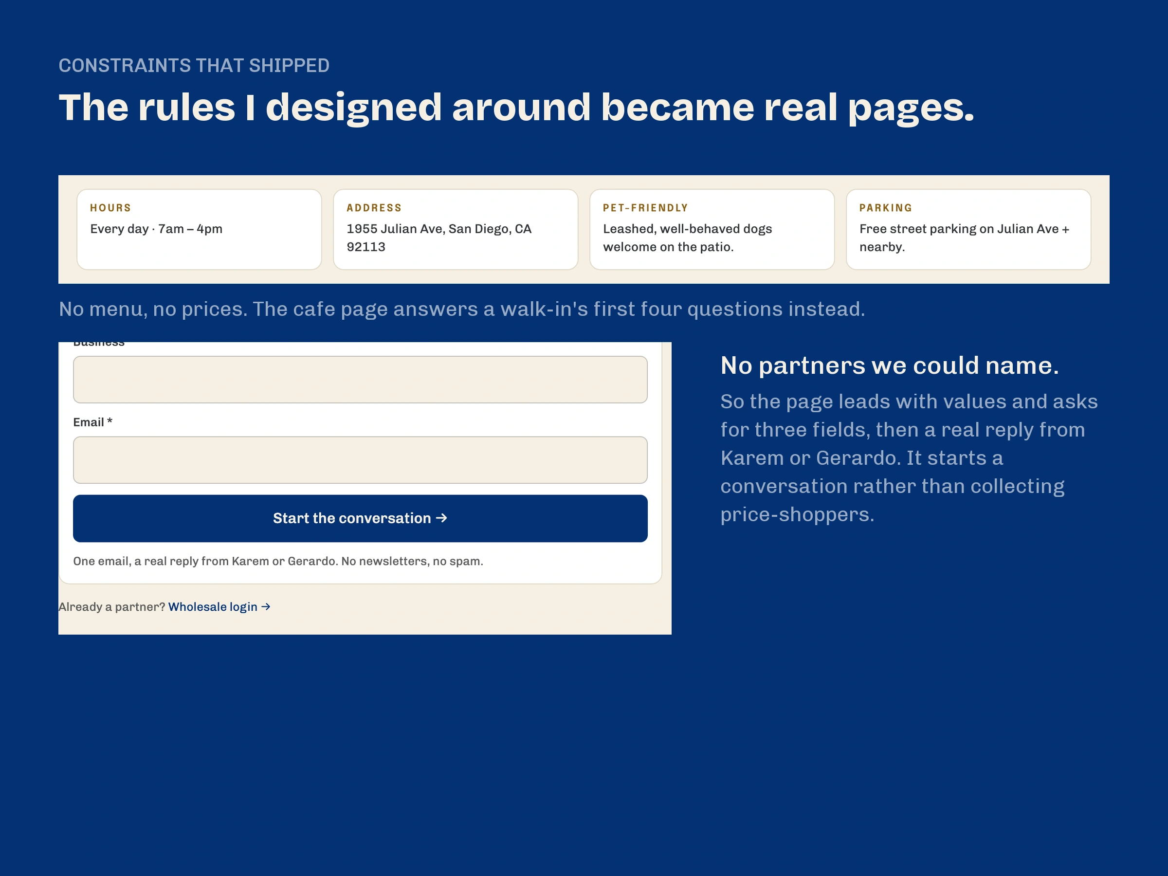 The shipped cafe basics strip and three-field wholesale contact form.