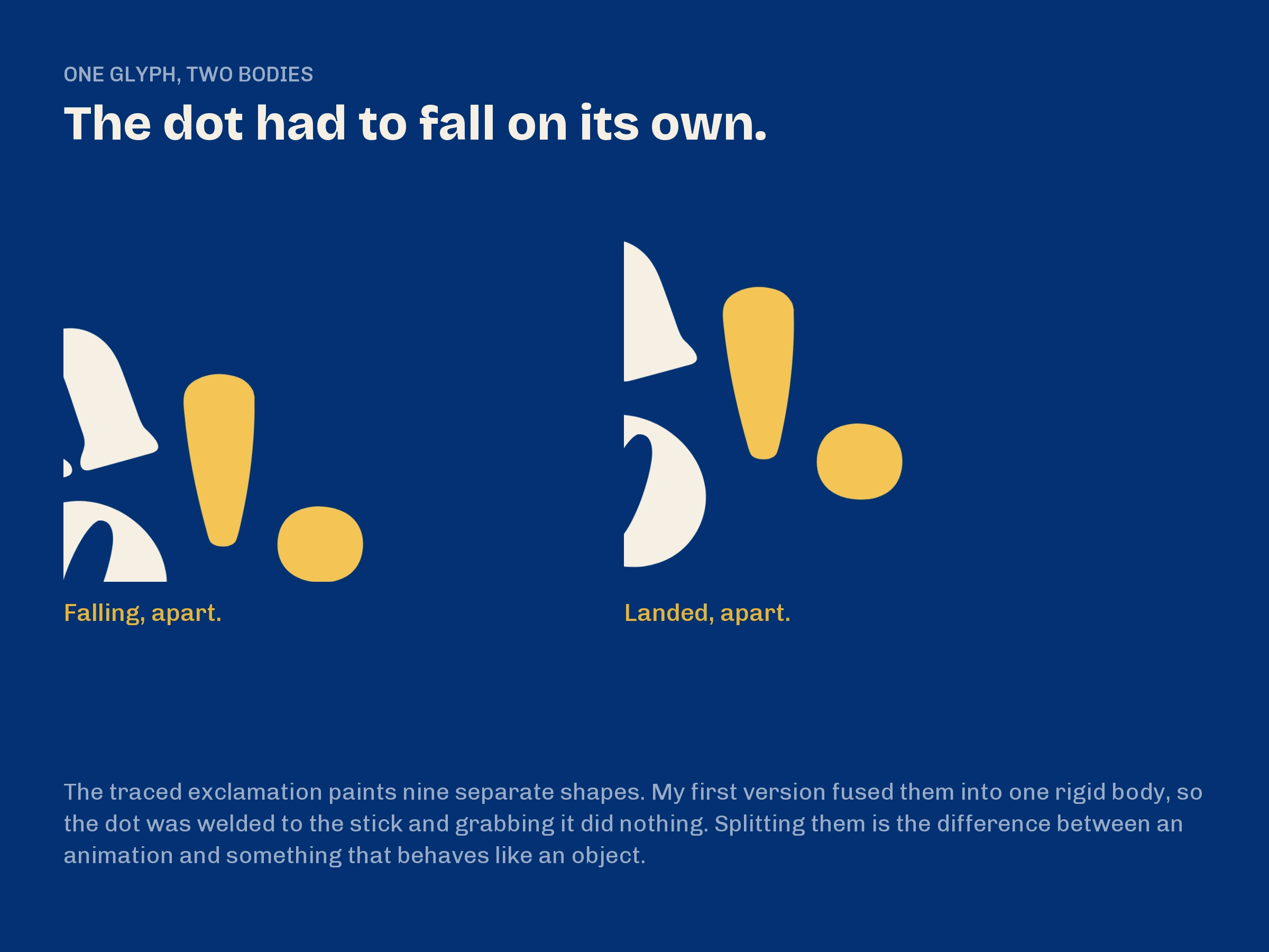 The Provecho exclamation mark’s stick and dot fall and settle as separate pieces.