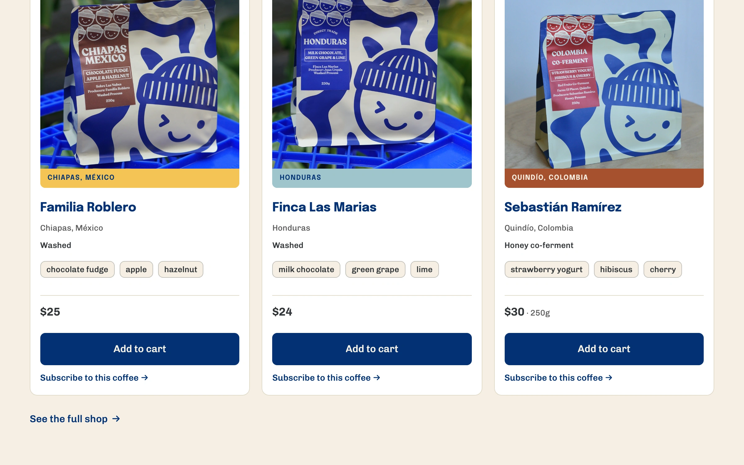 The shipped Shop page: a grid of Provecho coffee bags built from the same bean card component.