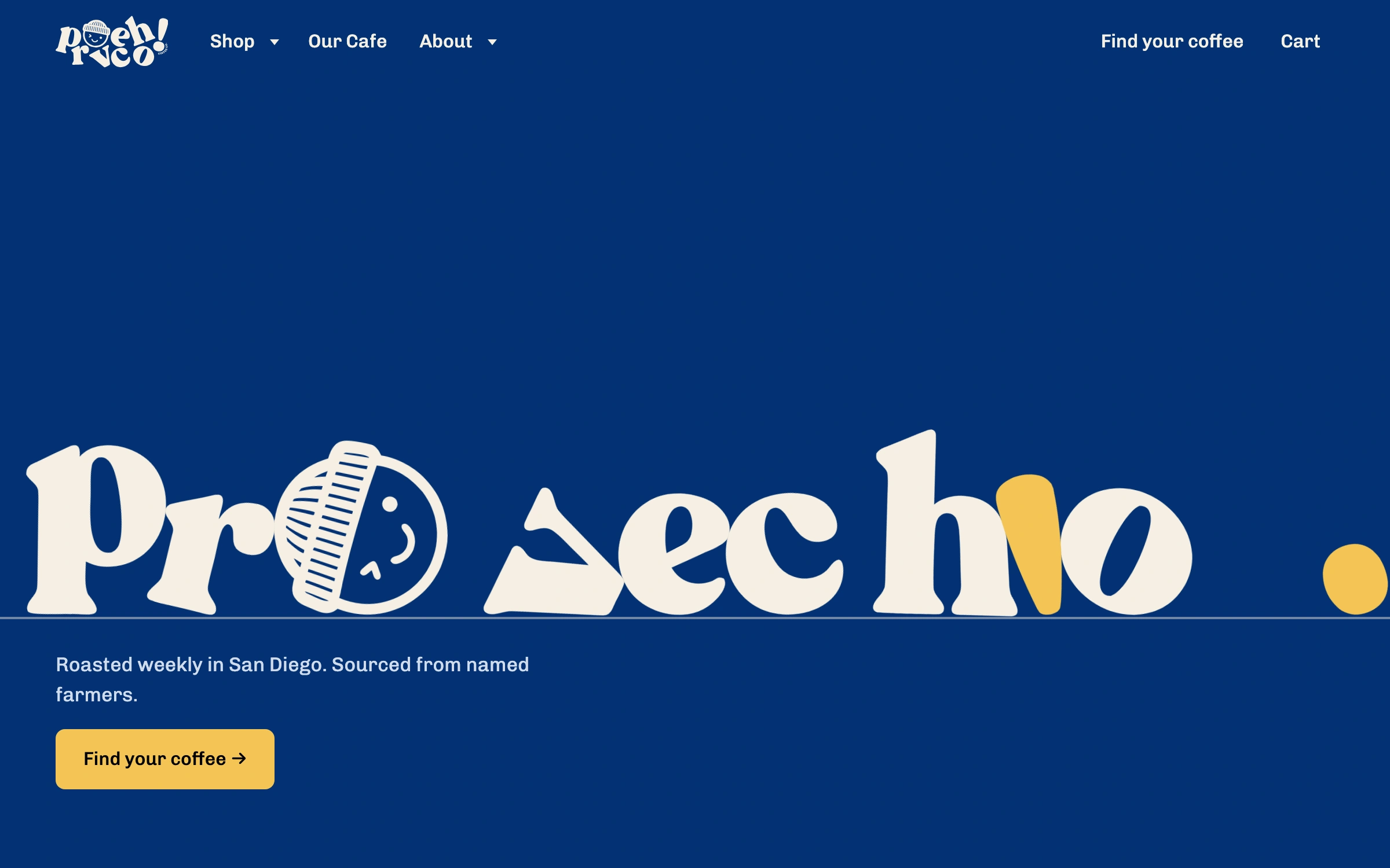 Four shipped Provecho mobile pages: Home, Shop, Subscribe, and Our Cafe.