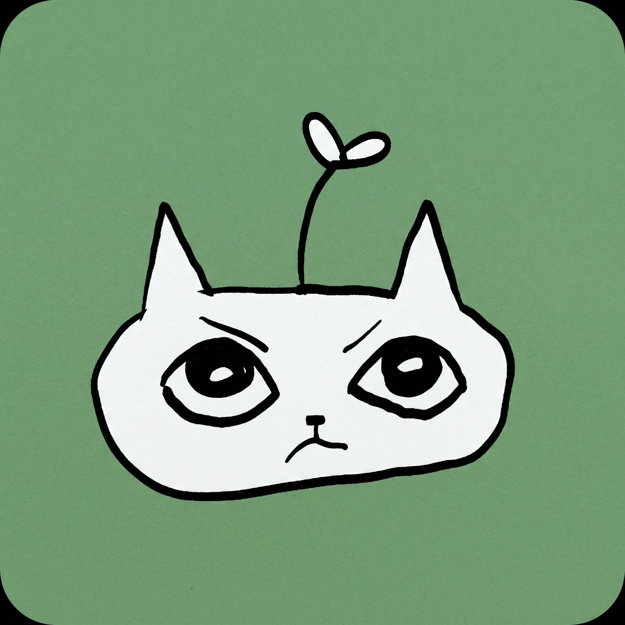 The Seneca mascot, a hand drawn white cat with a sprout on its head, on sage green.