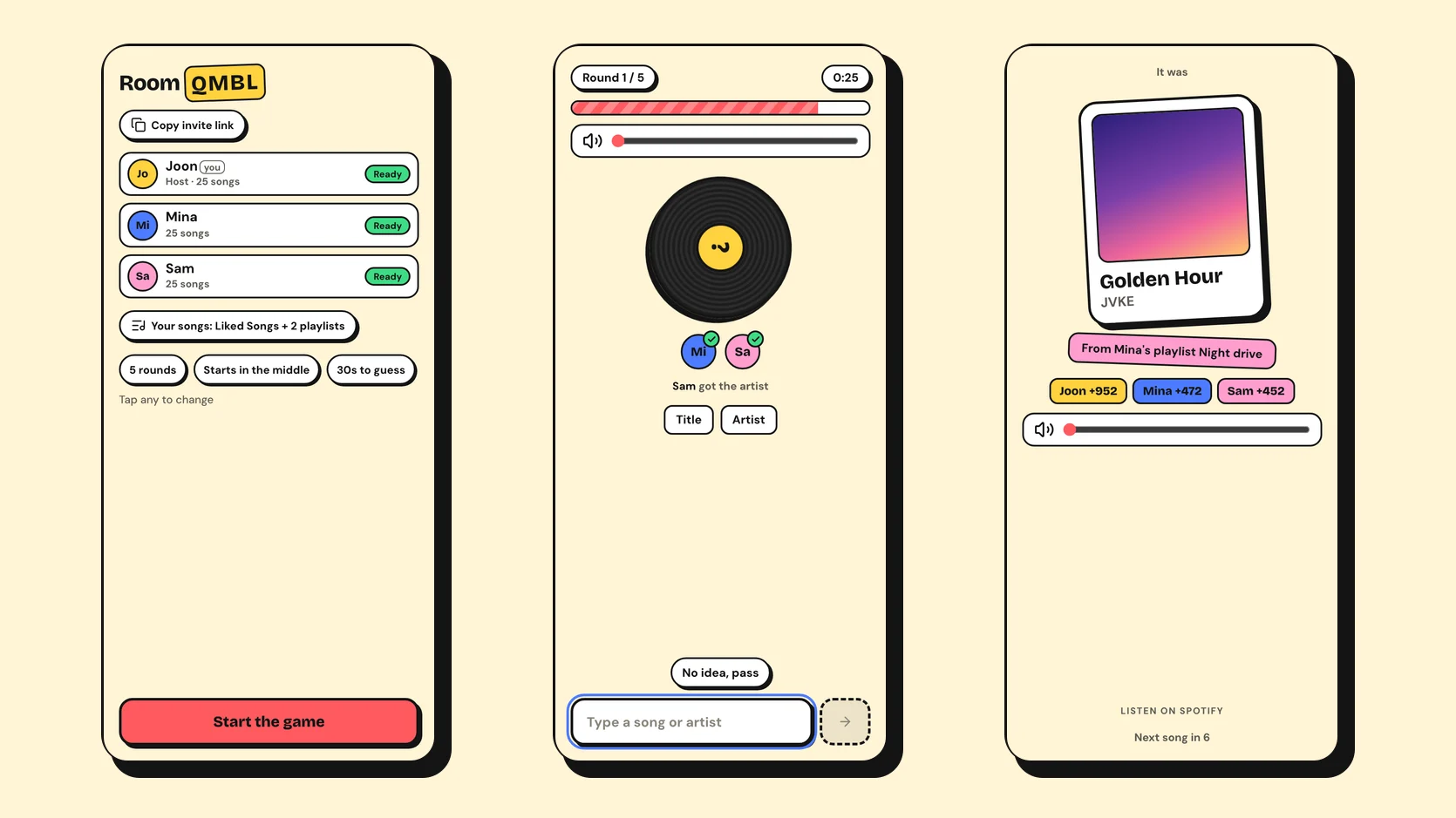 Three phone screens in a loud sticker style: a lobby with three ready players, a round with a spinning record and a guess box, and a reveal card for Golden Hour by JVKE tagged From Mina's playlist Night drive.