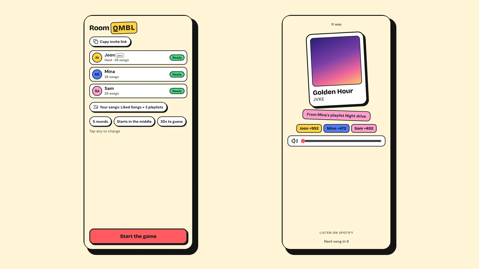 Two phone screens. Left, the lobby counting each player's songs. Right, the reveal card for Golden Hour by JVKE with a pink tag reading From Mina's playlist Night drive.