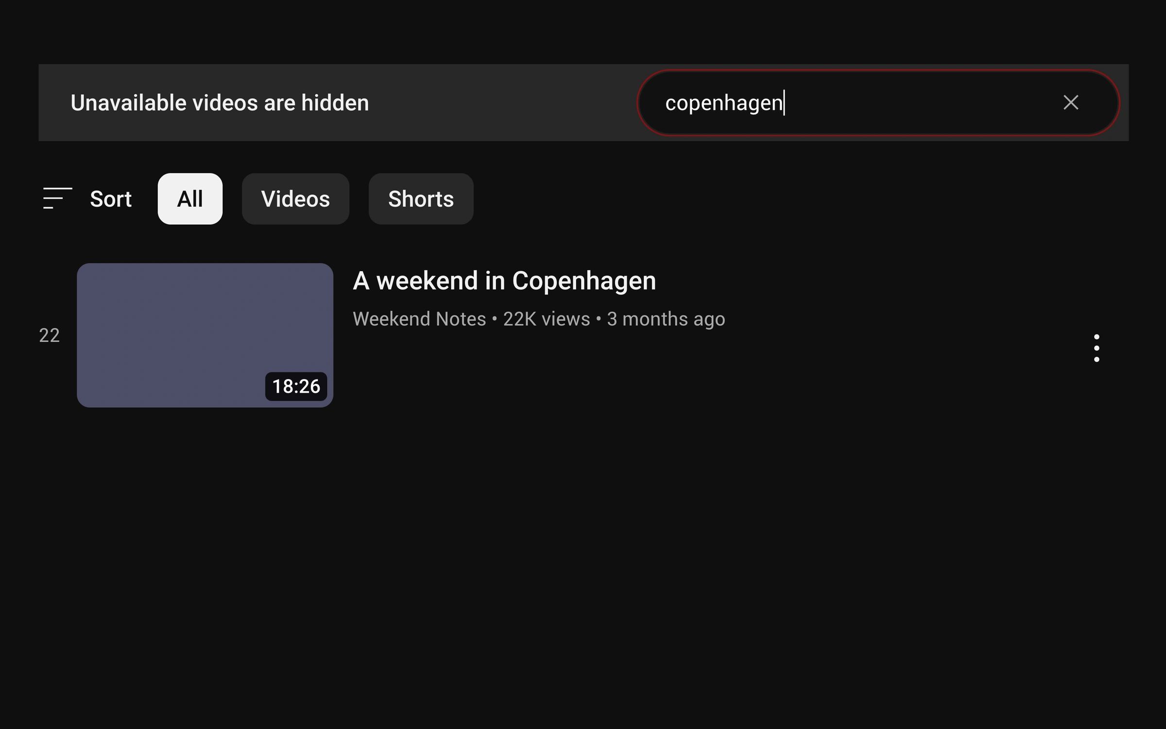 A dark YouTube playlist page with the extension's search bar reading copenhagen, and the list filtered down to a single video, number 22, A weekend in Copenhagen.