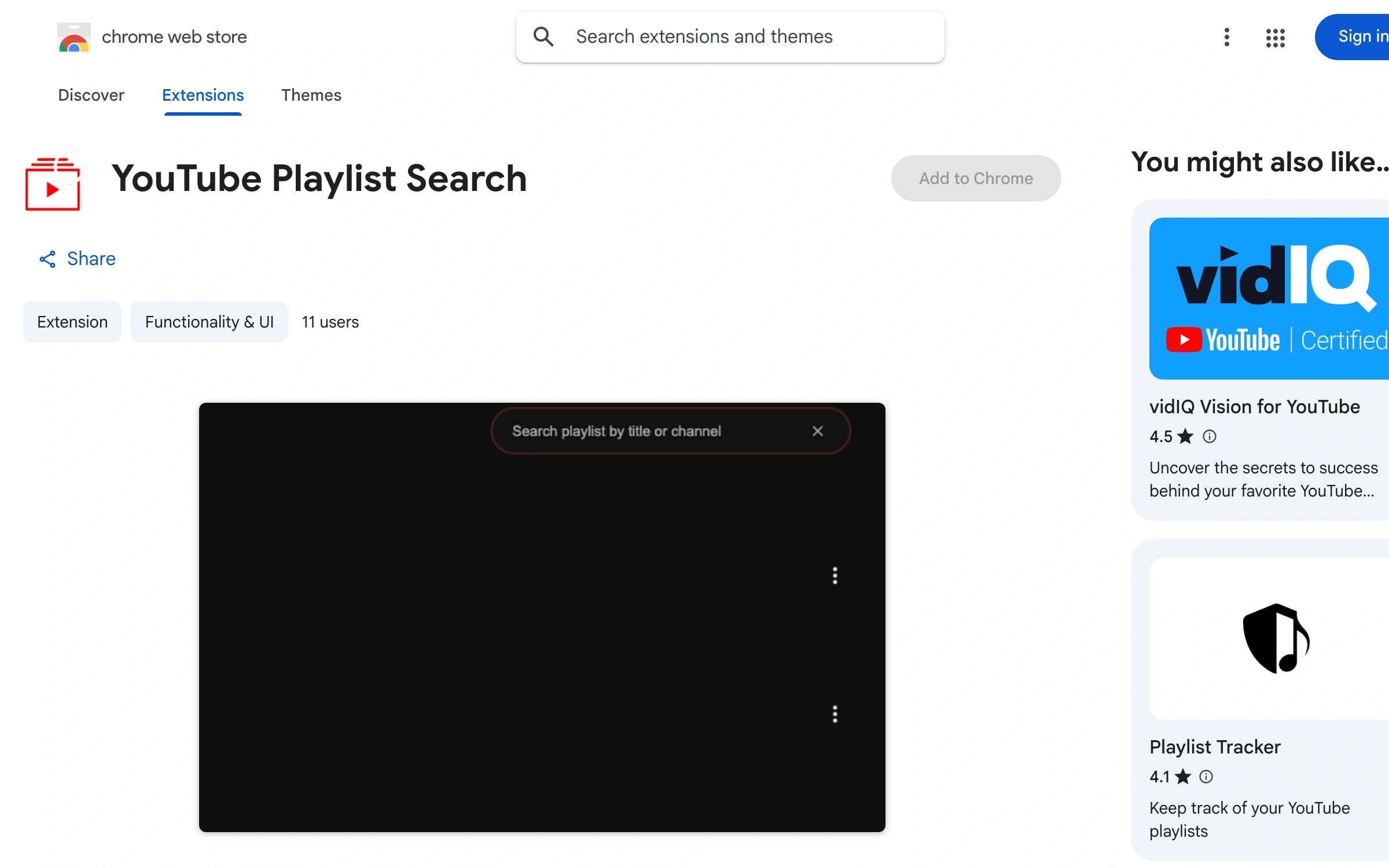 The YouTube Playlist Search listing on the Chrome Web Store.